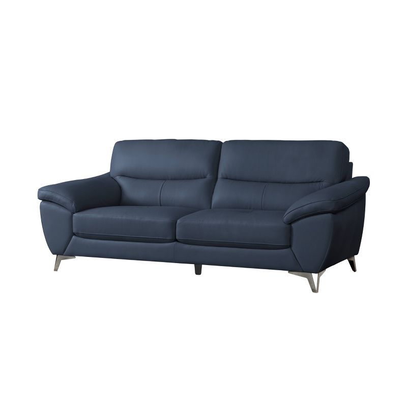 87" Blue Leather Lawson Sofa with Flared Arms