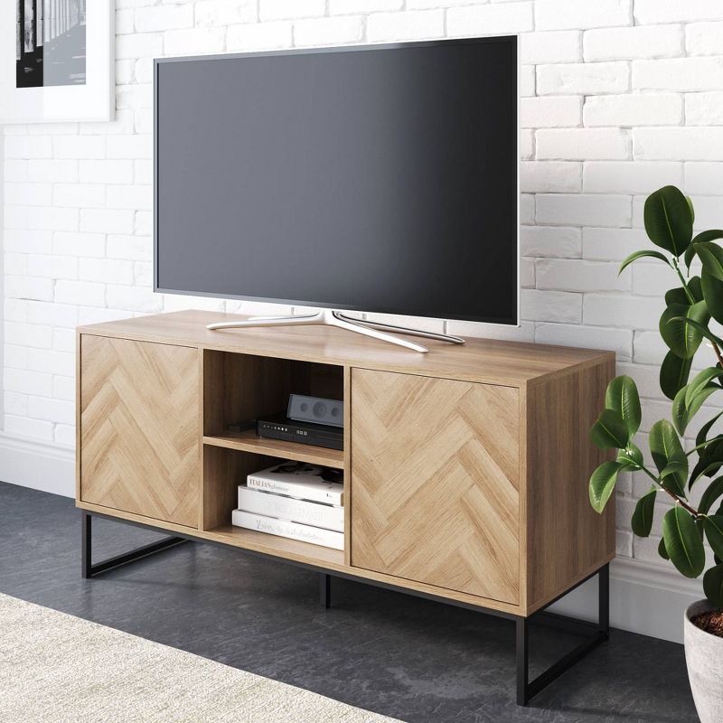 Reclaimed Oak and Matte Black Media Console with Herringbone Detail