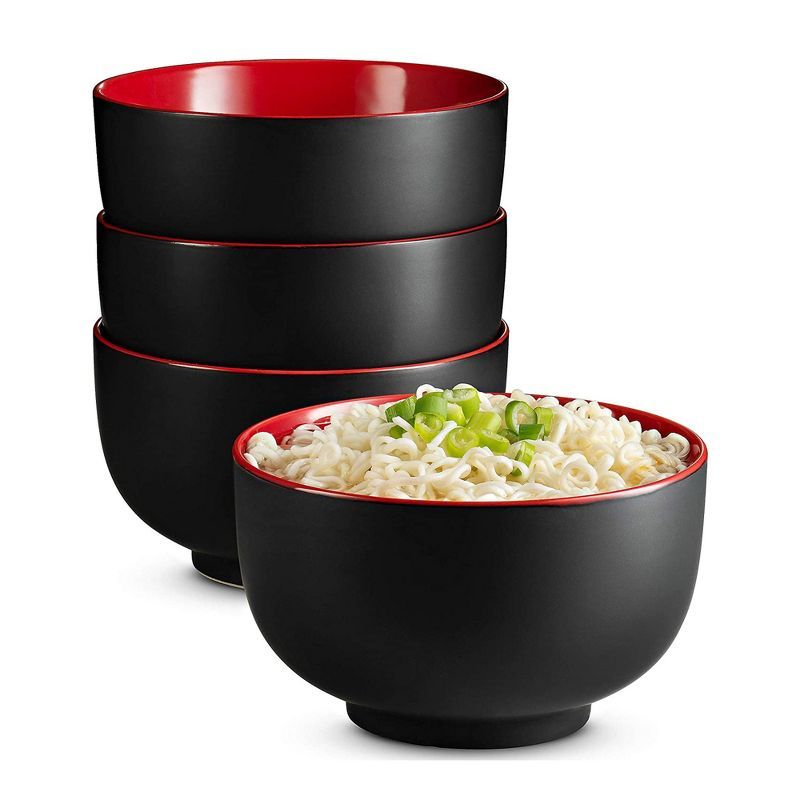 Kook 34 Oz Black & Red Deep Ceramic Ramen Bowl Set of 4