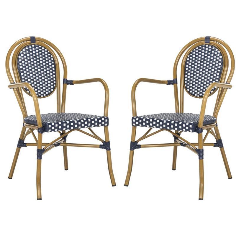 Côte d'Azur Chic Navy and White Wicker Dining Arm Chair, Set of 2