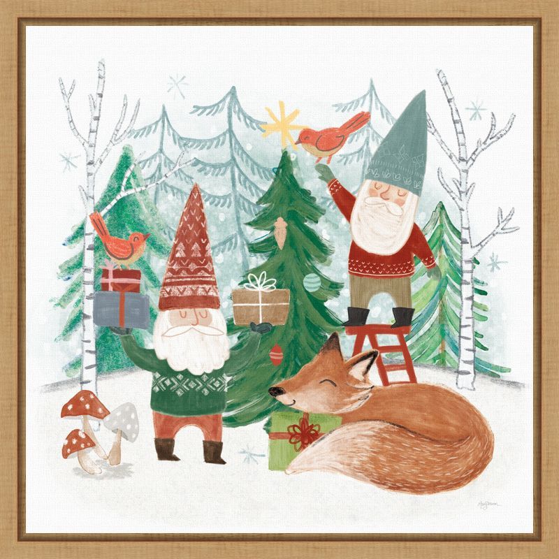 Woodland Gnomes Holiday Canvas Print with Oak Frame