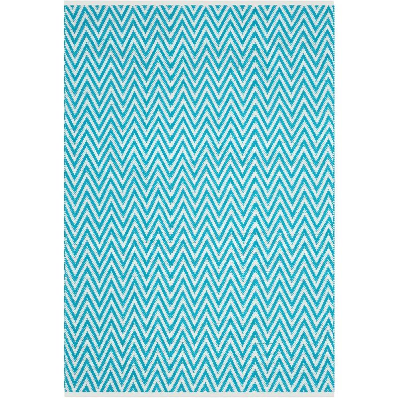 Ivory and Turquoise Chevron Handwoven Cotton Wool Rug, 5' x 8'