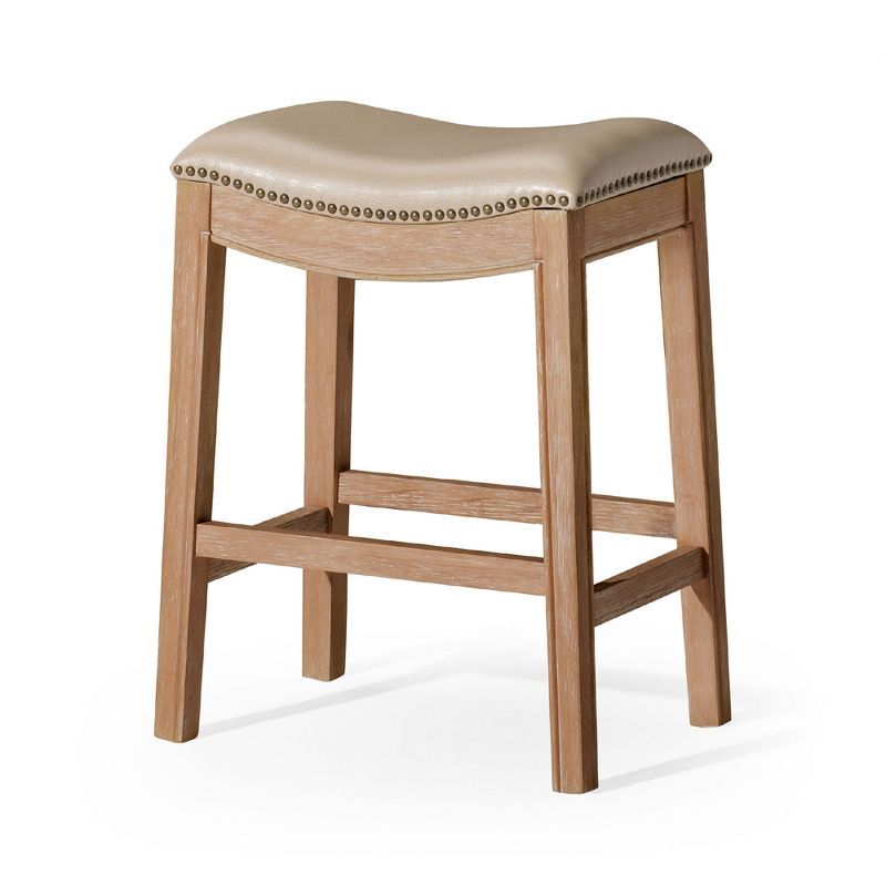 Weathered Oak Backless Saddle Barstool with Vegan Leather Seat