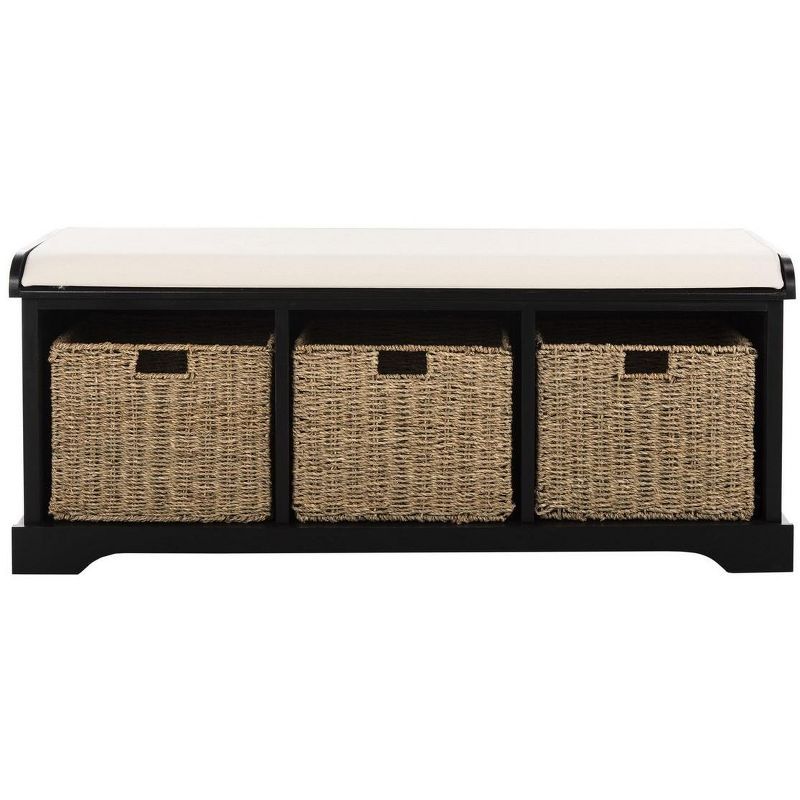 Black Pine Storage Bench with Wicker Baskets and Cotton Cushion