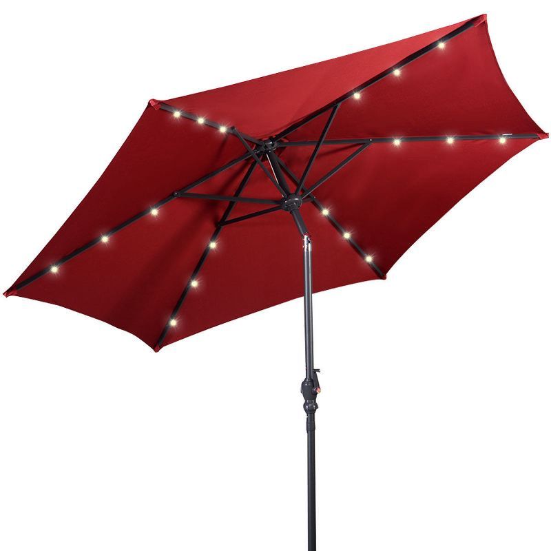 Burgundy 9ft Steel Solar LED Patio Umbrella with Crank