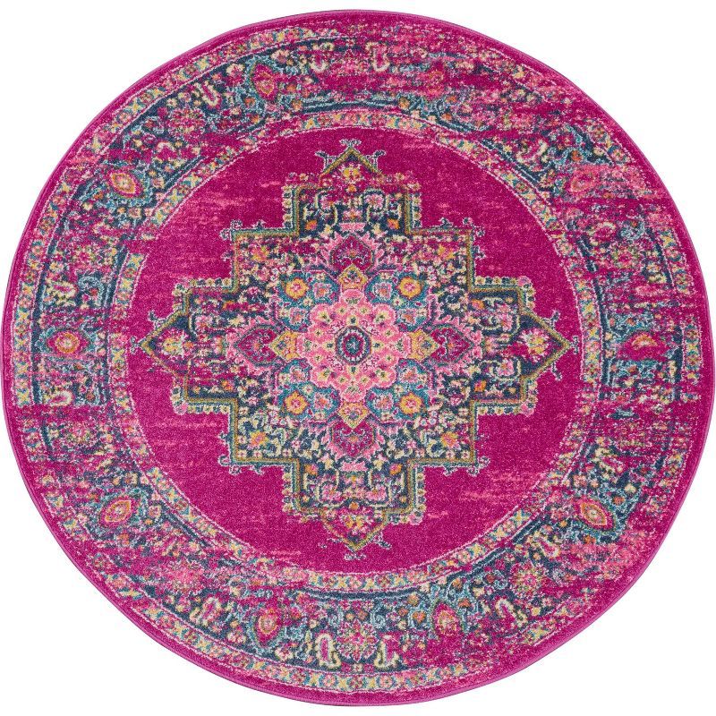 Bohemian Bliss Blue Floral Round Synthetic Easy-Care Rug, 5'3"