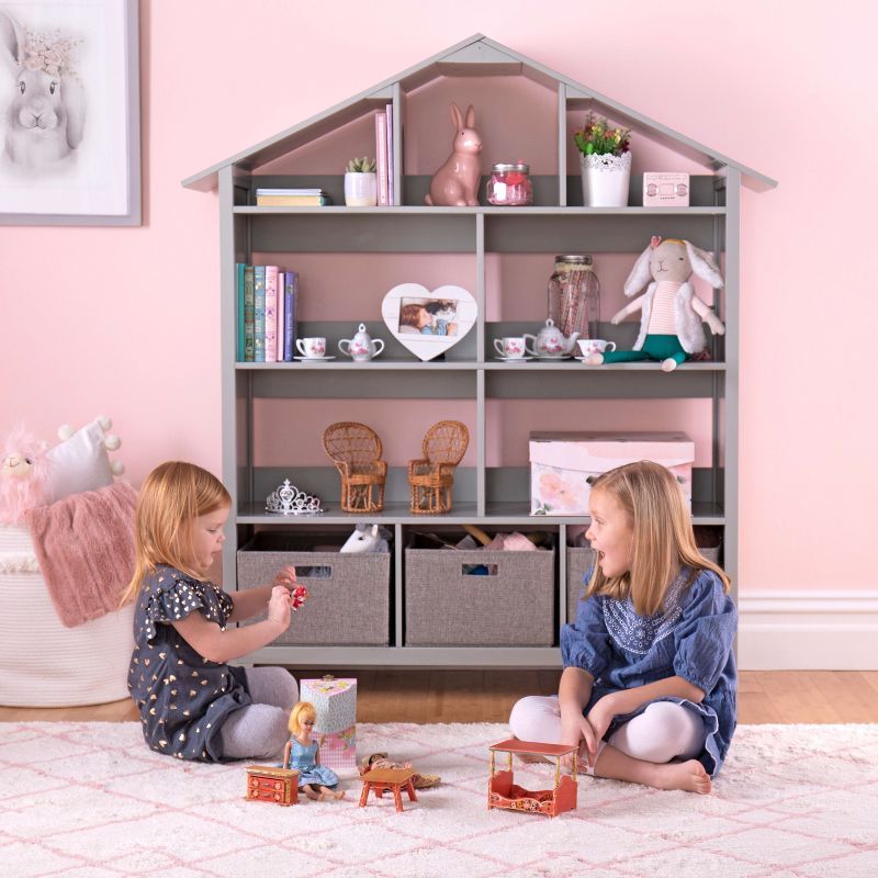 Gray Wooden Kids' Dollhouse Bookcase with Storage Bins