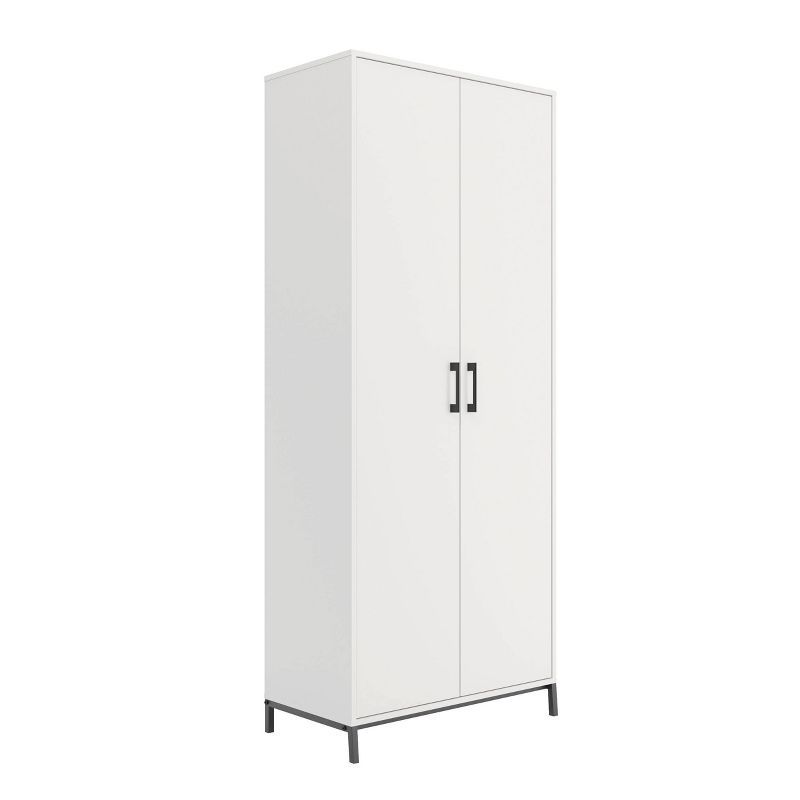 White Tall Storage Cabinet with Adjustable Shelves and Metal Base