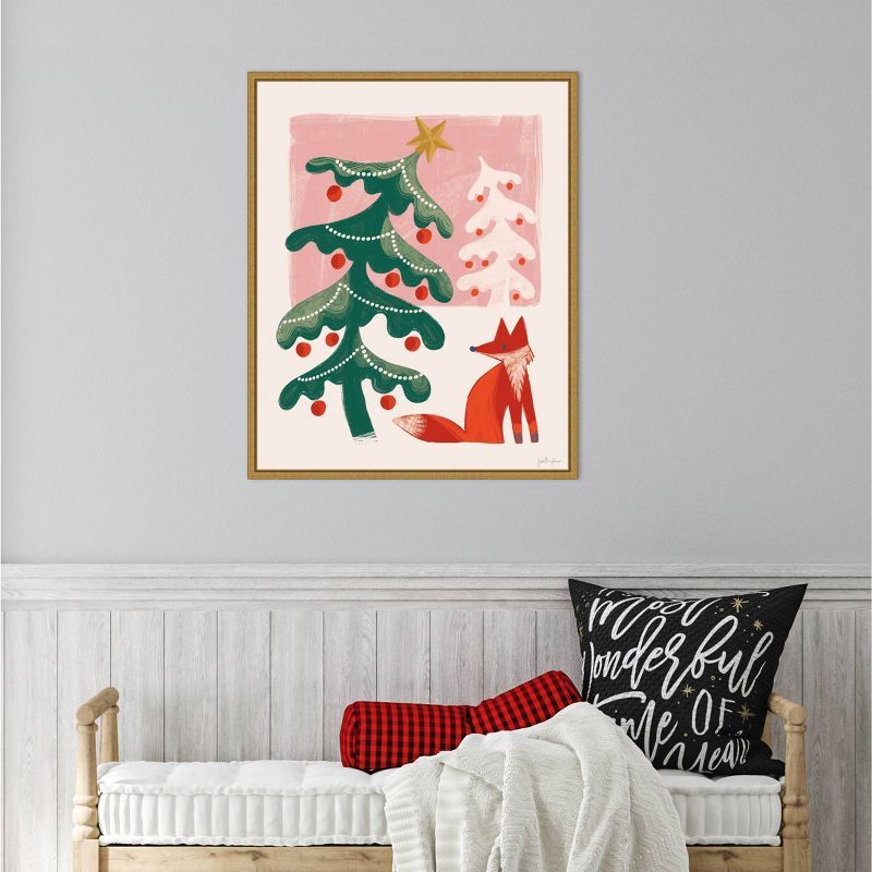 Retro Holiday Fox and Christmas Tree Framed Canvas Art