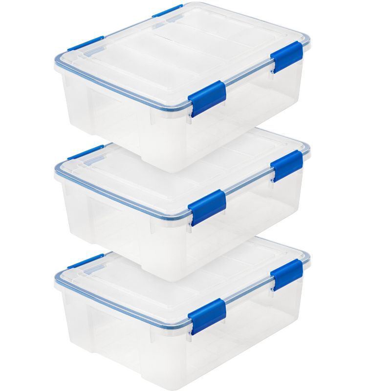 Clear and Blue 26.5 Quart Stackable Plastic Storage Boxes with Lids, 3 Pack