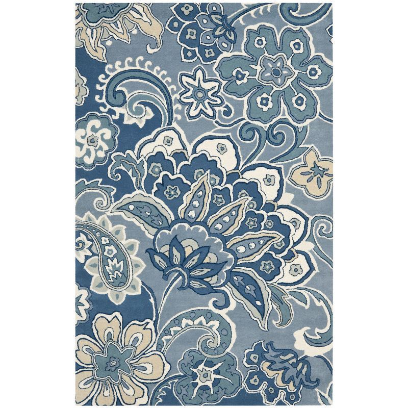 Blue Floral Hand-Tufted Wool and Viscose Area Rug