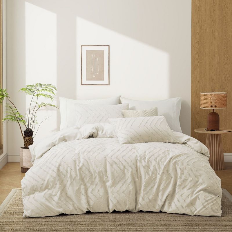 Cream Tufted Microfiber Geometric Duvet Cover Set Full/Queen