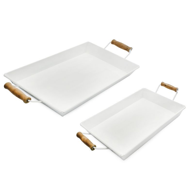 White Enamel Rustic Rectangular Trays with Wood Handles, Set of 2