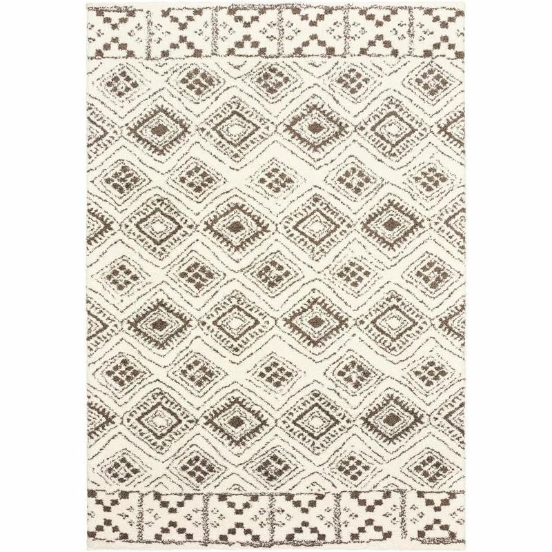 Ivory and Brown High Pile Oriental Shag Rug