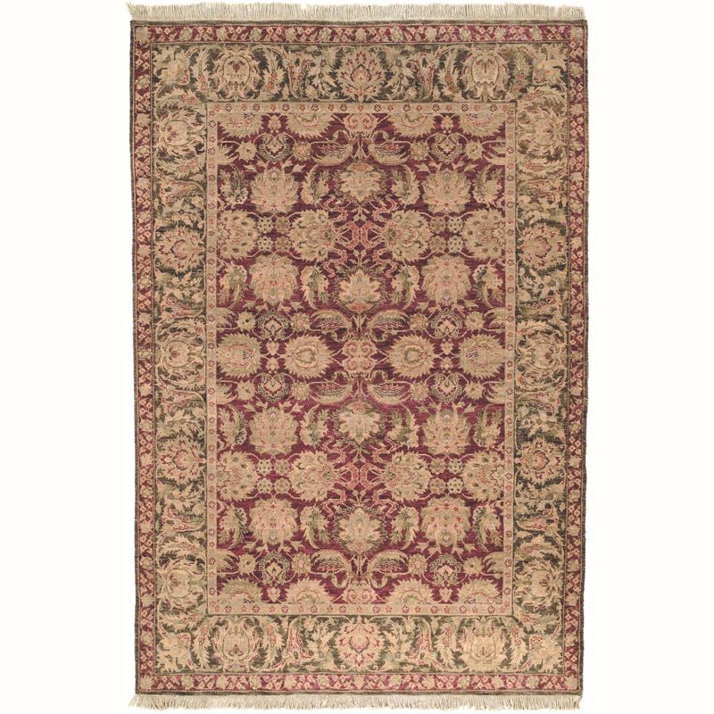 Burgundy and Green Hand-Knotted Wool 6' x 9' Area Rug