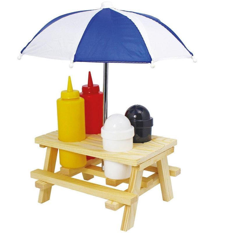 Mini Picnic Table Condiment Set with Umbrella, Pinewood and Plastic