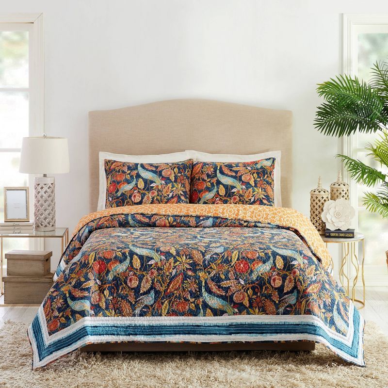 King Size Blue Cotton Reversible Quilt Set