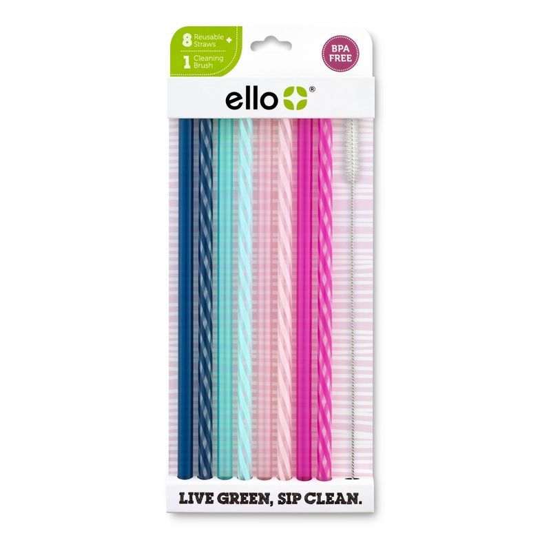 Ello Multi-Color BPA-Free Plastic Reusable Straw Set with Cleaning Brush