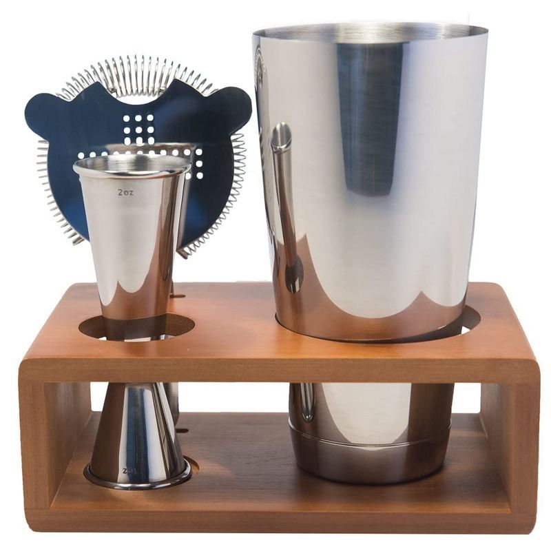 Stainless Steel Boston Cocktail Shaker Set with Wood Stand