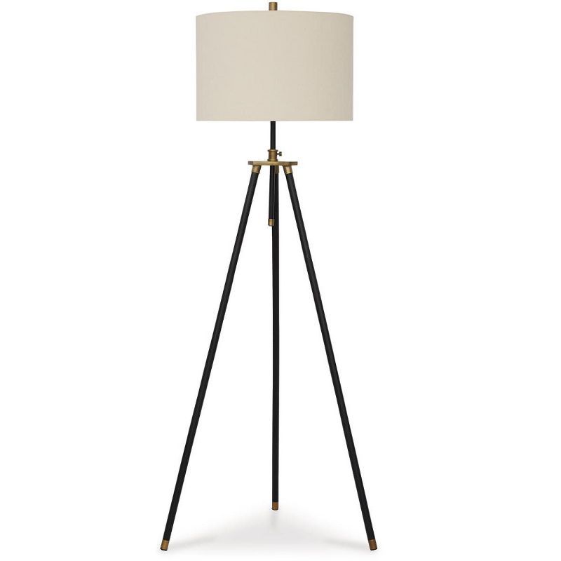 Adjustable Black and Gold Tripod Floor Lamp with Fabric Shade