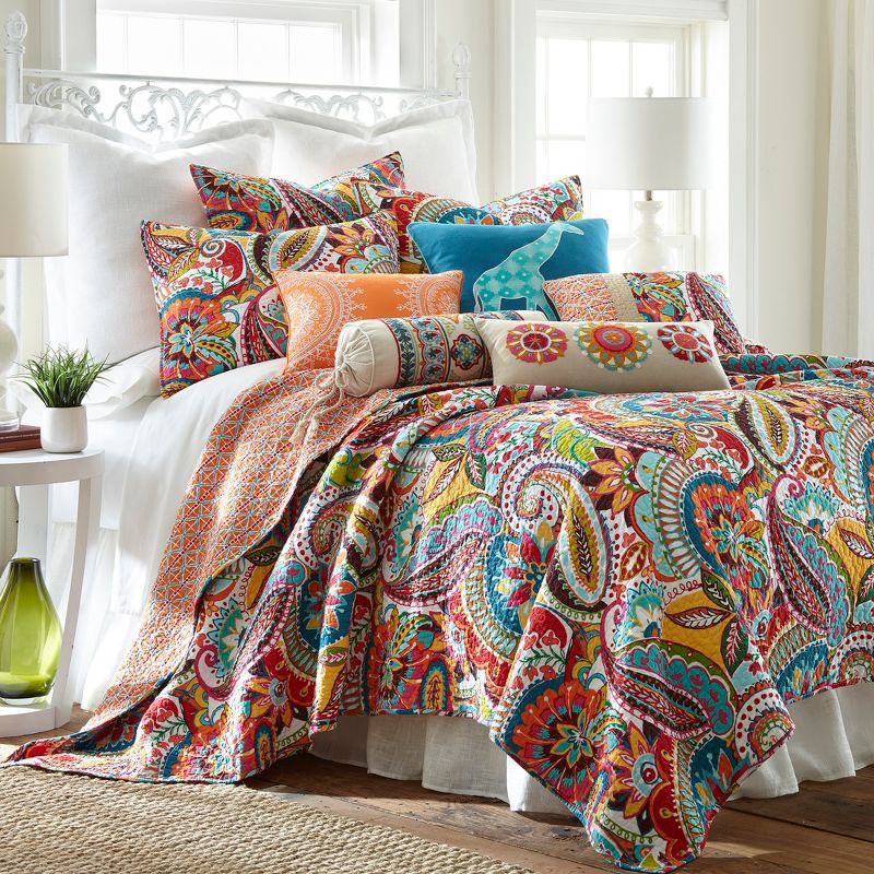 Bohemian Rhapsody Cotton King Quilt Set in Red, Orange, and Blue