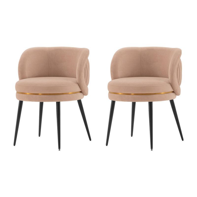 Set of 2 Nude Velvet Upholstered Dining Chairs with Gold Trim