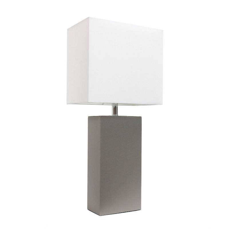 Gray Leather Table Lamp with White Fabric Shade