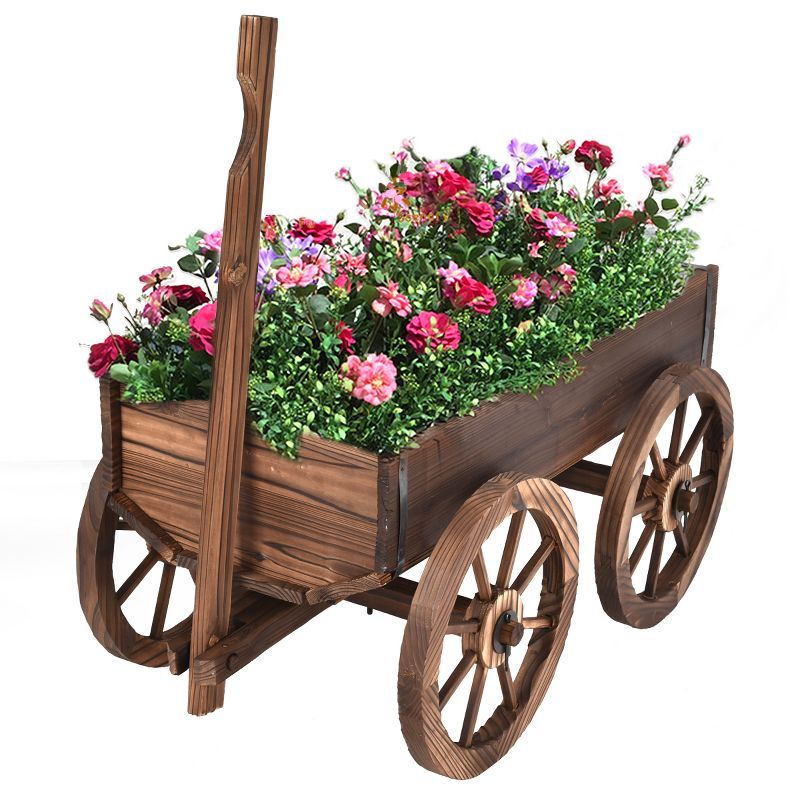 Rustic Brown Wooden Wagon Planter with Wheels