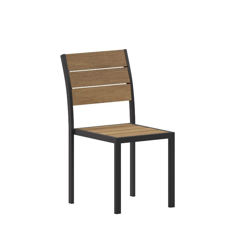 Natural Faux Teak and Gray Metal Armless Stacking Chair