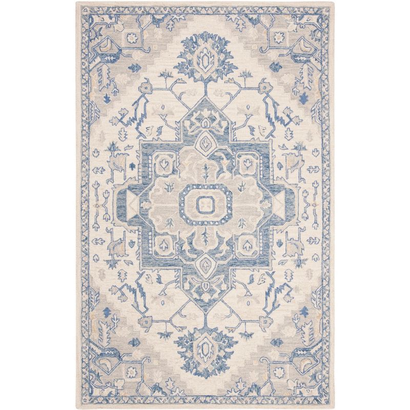 Ivory and Blue Hand-Tufted Wool Rectangular Rug, 5' x 8'