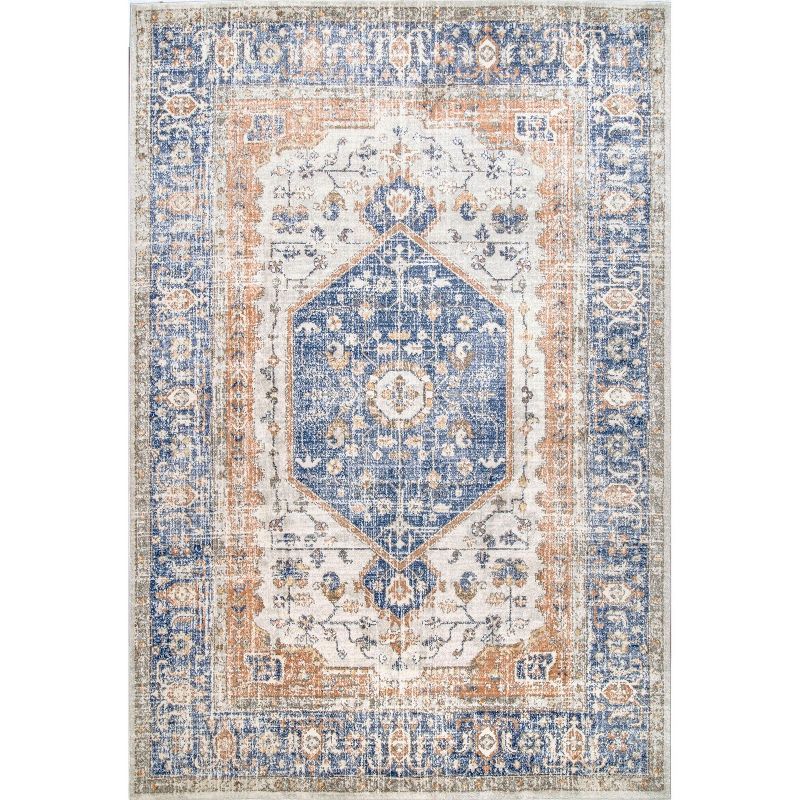 Reversible Vintage Floral Blue Synthetic Area Rug, 5' x 7'