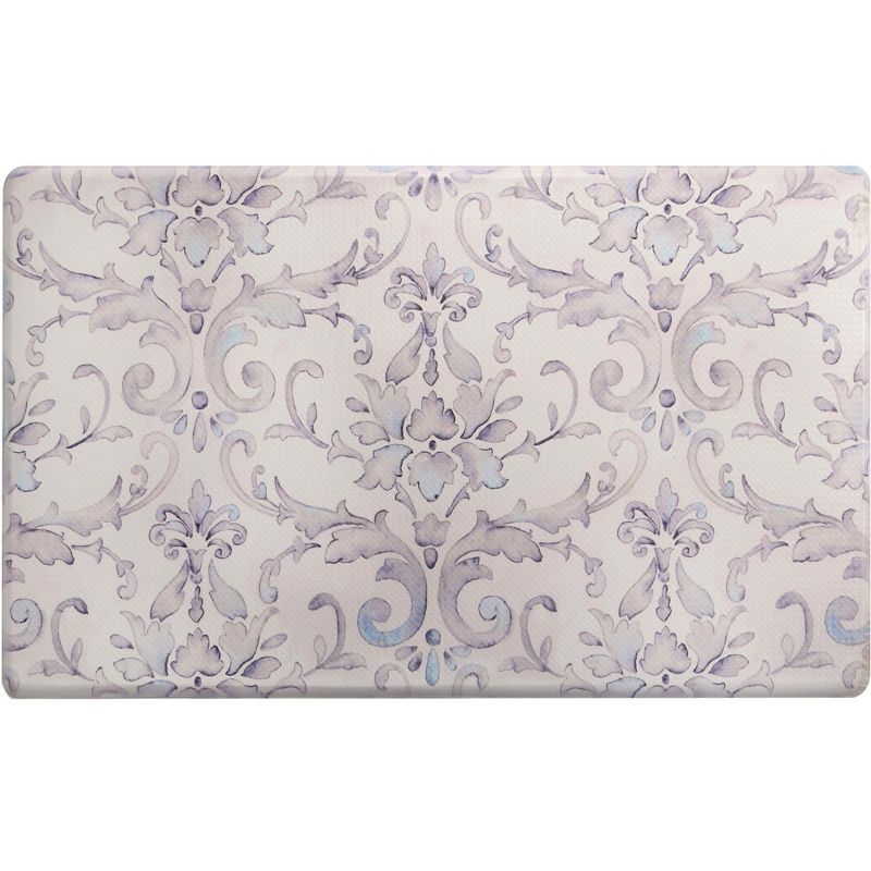 Cream and Blue Damask Water Resistant Anti-Fatigue Kitchen Mat