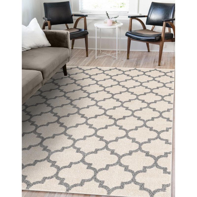 Beige and Gray Trellis Rectangular Synthetic Area Rug