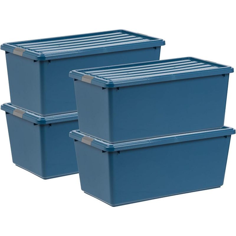 Navy Blue Stackable Plastic Storage Bins with Lids, Set of 4