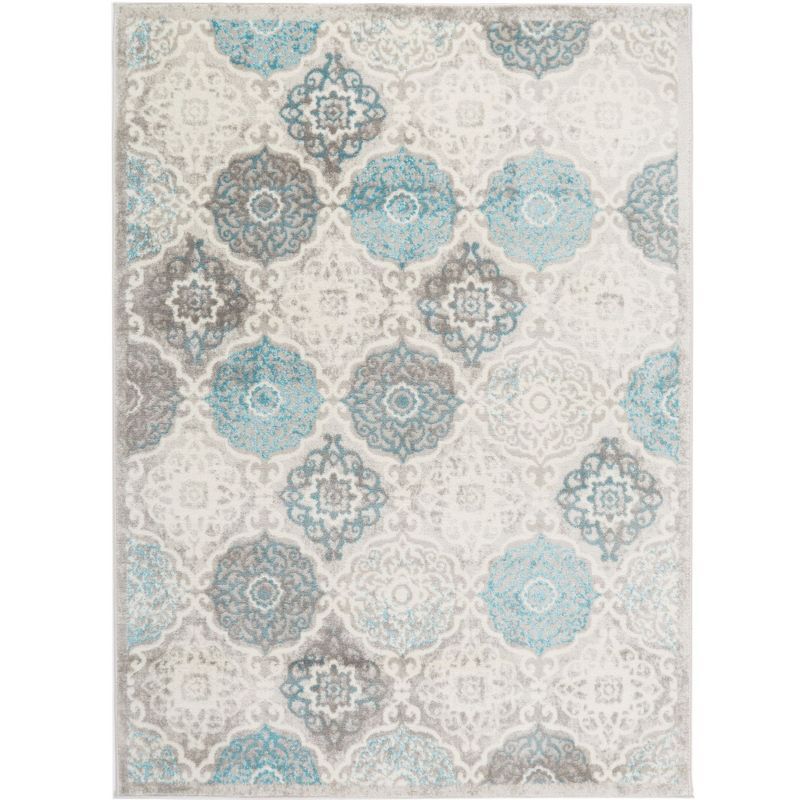 Grey and Blue Medallion Synthetic Reversible Area Rug