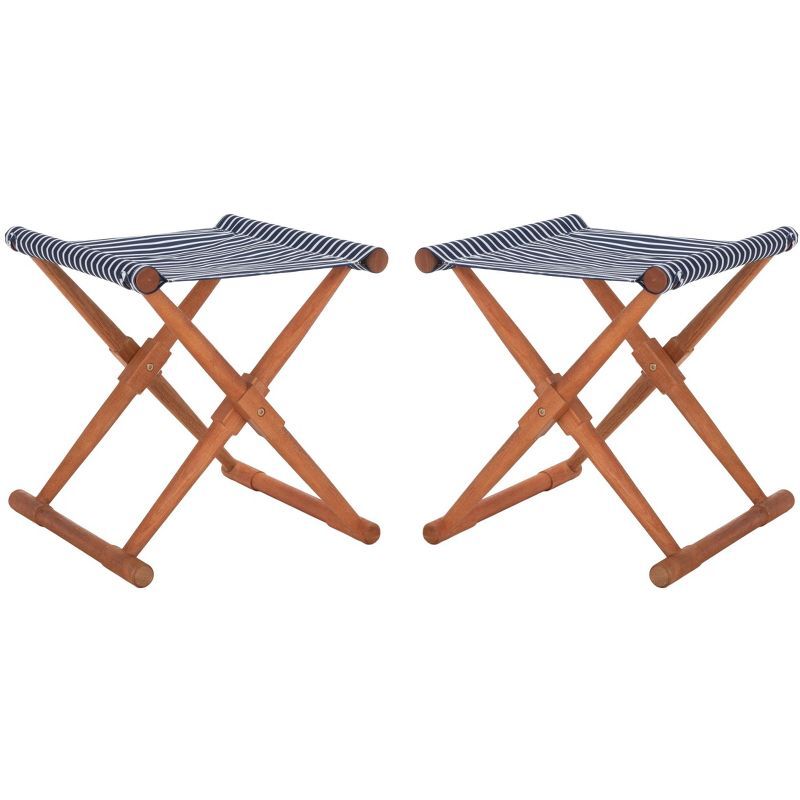 Mid-Century Modern Eucalyptus Wood Navy Striped Folding Lounge Chair (Set of 2)
