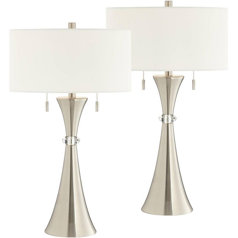 Rachel 28" Silver Metal Concave Column Table Lamps with White Drum Shades, Set of 2