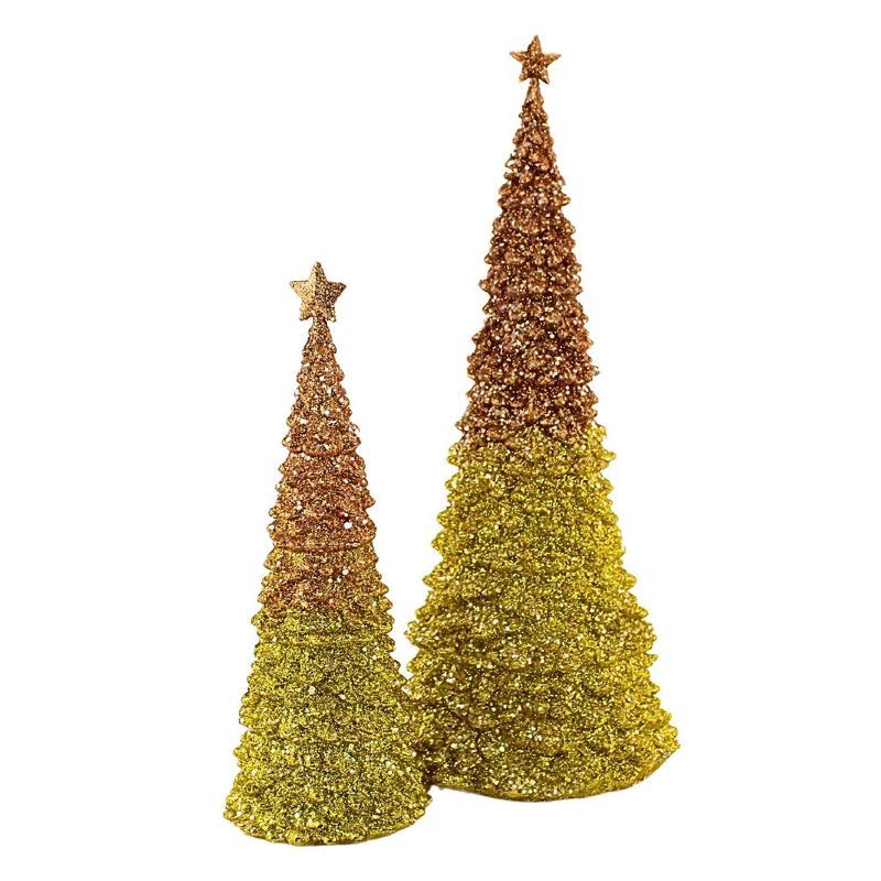 Gold and Copper Glitter Ombre Lighted Holiday Tree Figurines, Set of 2