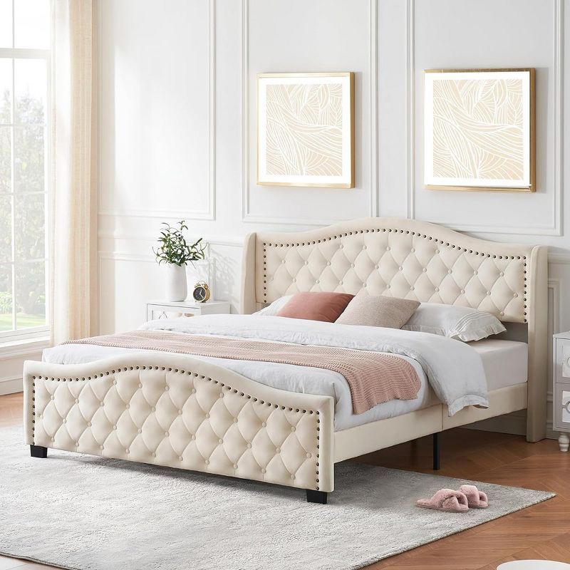 King Beige Velvet Upholstered Platform Bed with Tufted Headboard