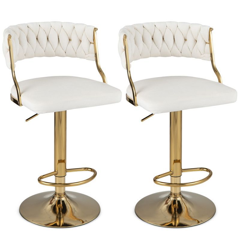 Beige Velvet Adjustable Swivel Bar Stools with Gold Metal Base, Set of 2