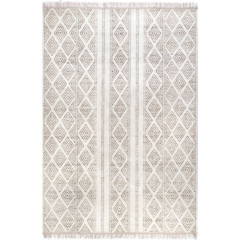 Beige Striped Square Synthetic Easy-Care Indoor/Outdoor Rug