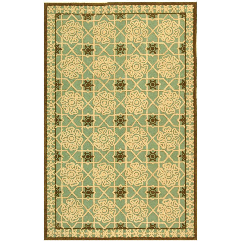 Teal and Ivory Hand-Hooked Cotton Area Rug 3'9" x 5'9"