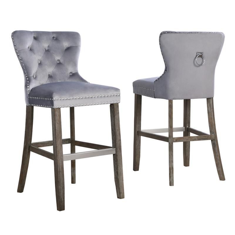 Rustic Gray Velvet 24" Bar Stools with Chrome Details (Set of 2)