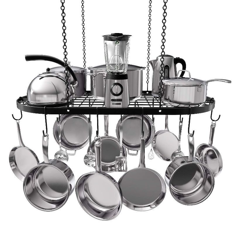 Black Oval Metal Ceiling Pot Rack with 15 Hooks