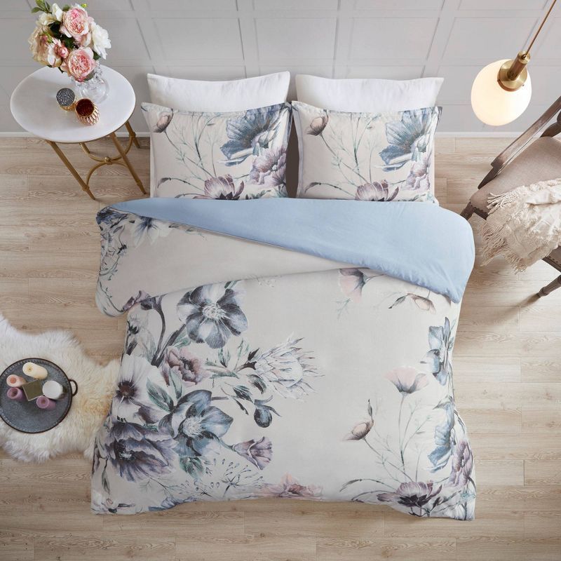 Maddy Blue Floral Cotton King/Cal King Duvet Cover Set