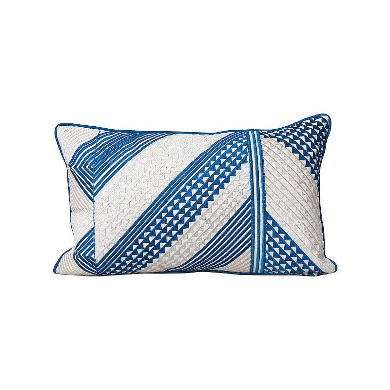 Blue and White Embroidered Cotton Rectangular Throw Pillow