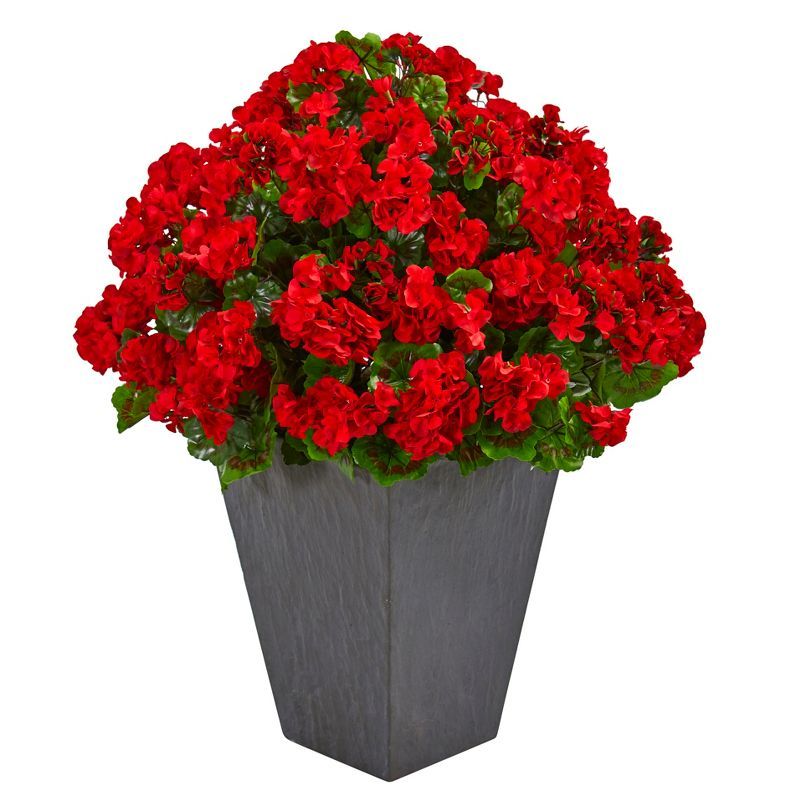 Red Geranium Artificial Plant in Gray Clay Planter