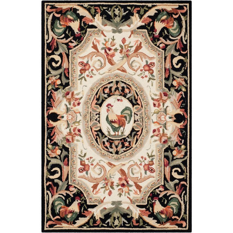 Ivory and Black Floral Wool Hand-Hooked Area Rug