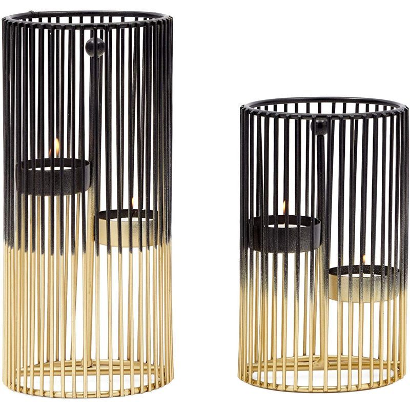 Set of 2 Black and Gold Metal Geometric Candle Holders