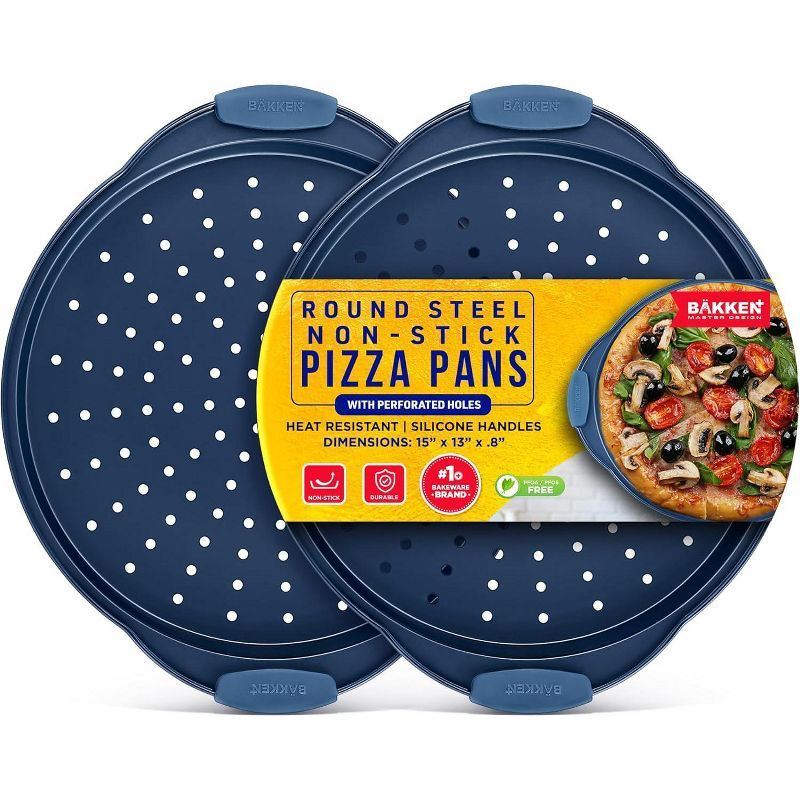 Blue Non-Stick Round Steel Pizza Pan with Silicone Handle, 2 Pack